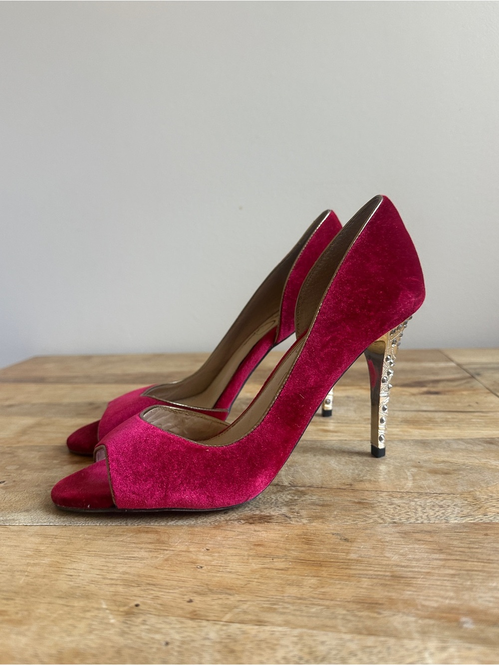 Red Velvet Peep Toe Rhinestone Stiletto Heels Size 8.5